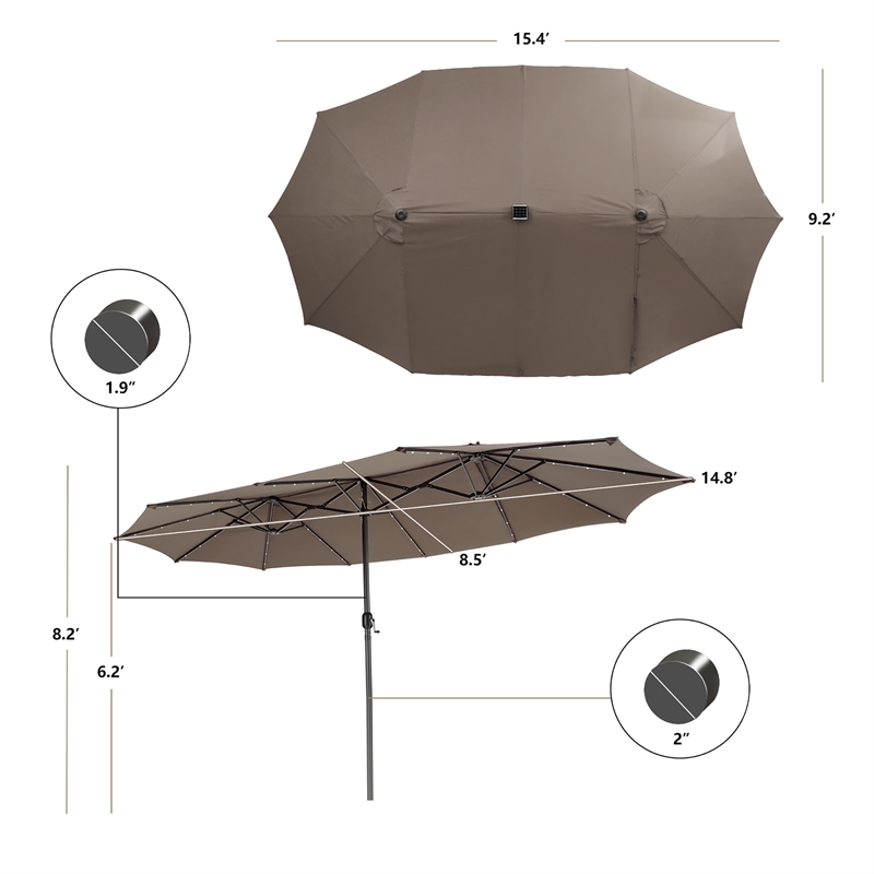 15FT Twin Patio Double-Sided Umbrella 48 Solar LED Lights  Coffee
