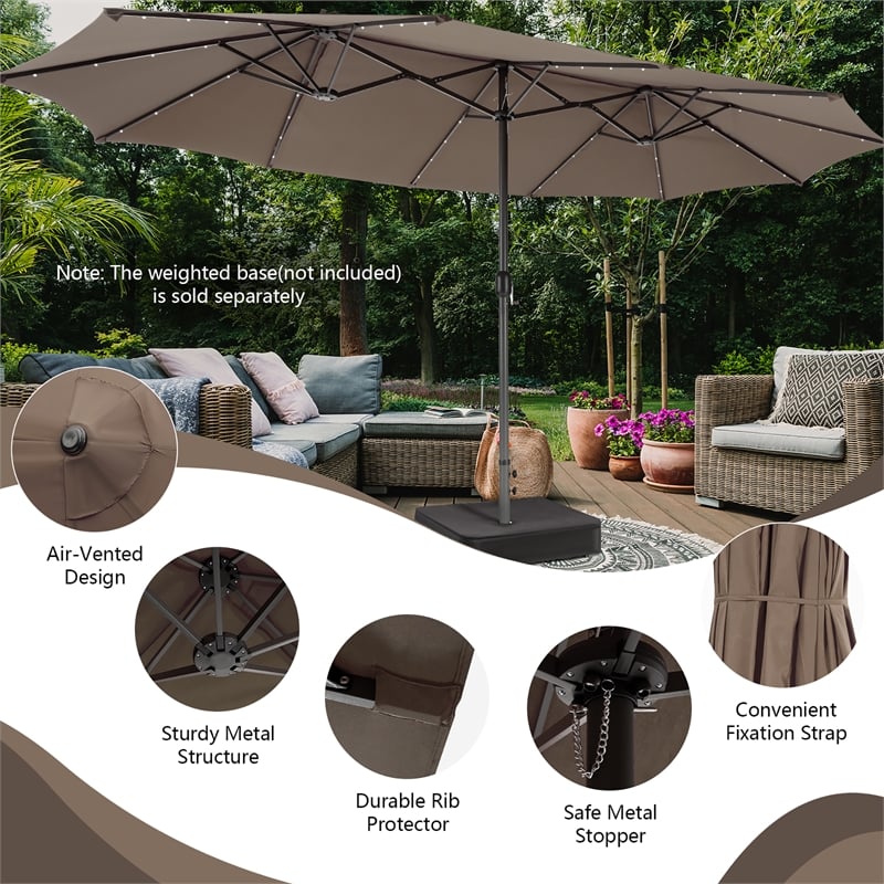 15FT Twin Patio Double-Sided Umbrella 48 Solar LED Lights  Coffee