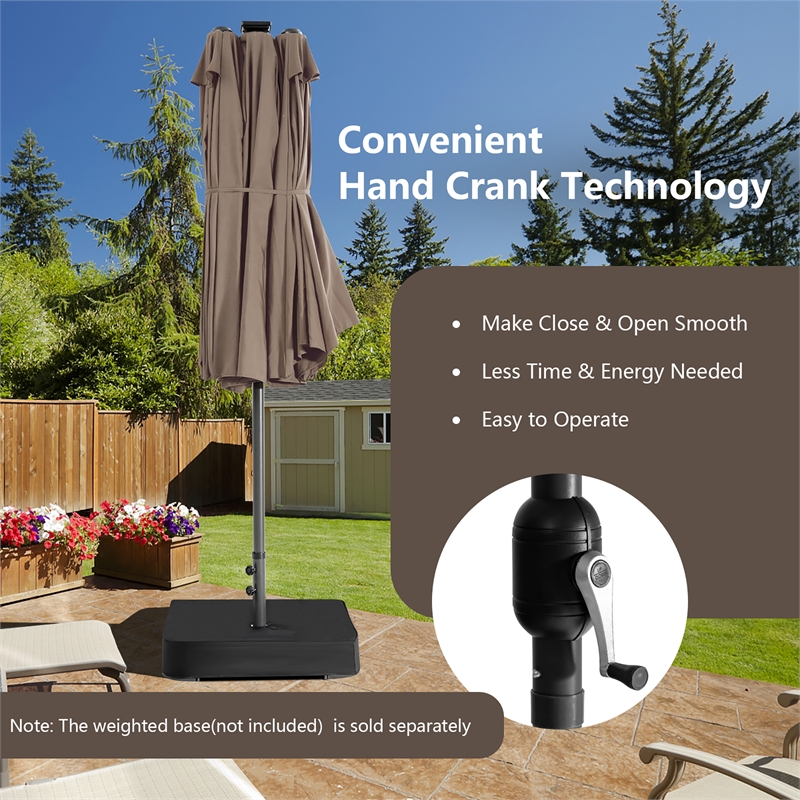 15FT Twin Patio Double-Sided Umbrella 48 Solar LED Lights  Coffee