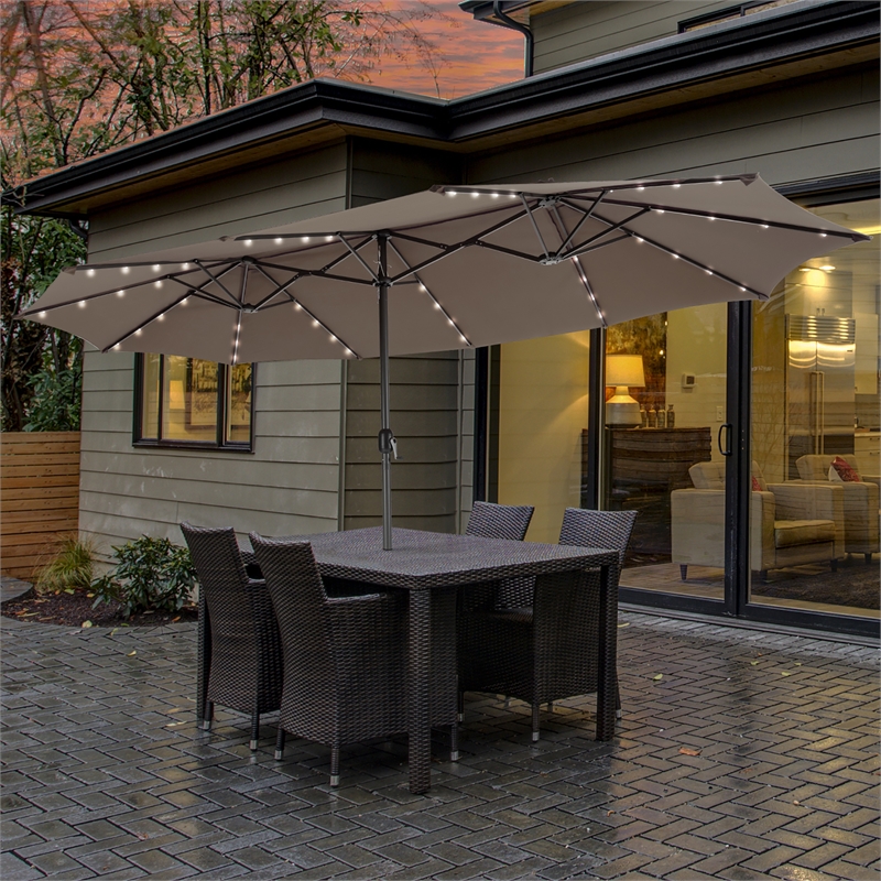 15FT Twin Patio Double-Sided Umbrella 48 Solar LED Lights  Coffee