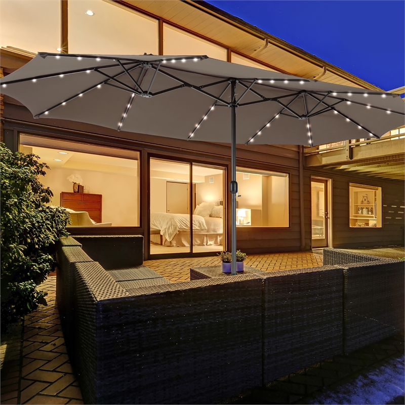 15FT Twin Patio Double-Sided Umbrella 48 Solar LED Lights  Coffee