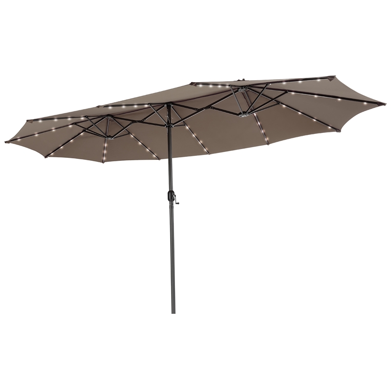 15FT Twin Patio Double-Sided Umbrella 48 Solar LED Lights  Coffee
