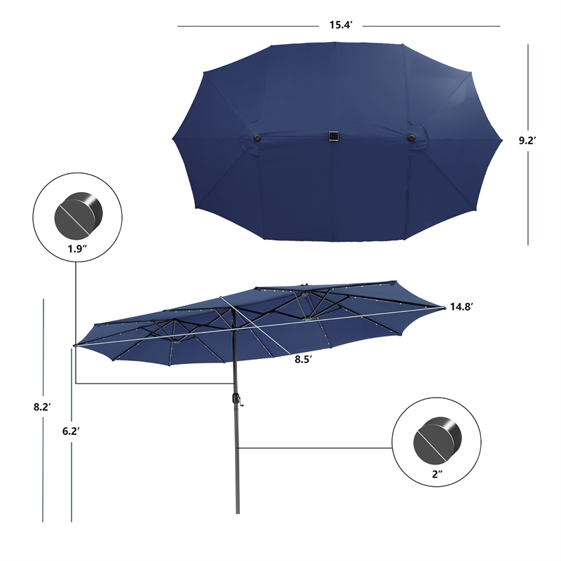 15FT Twin Patio Double-Sided Umbrella 48 Solar LED Lights  Navy