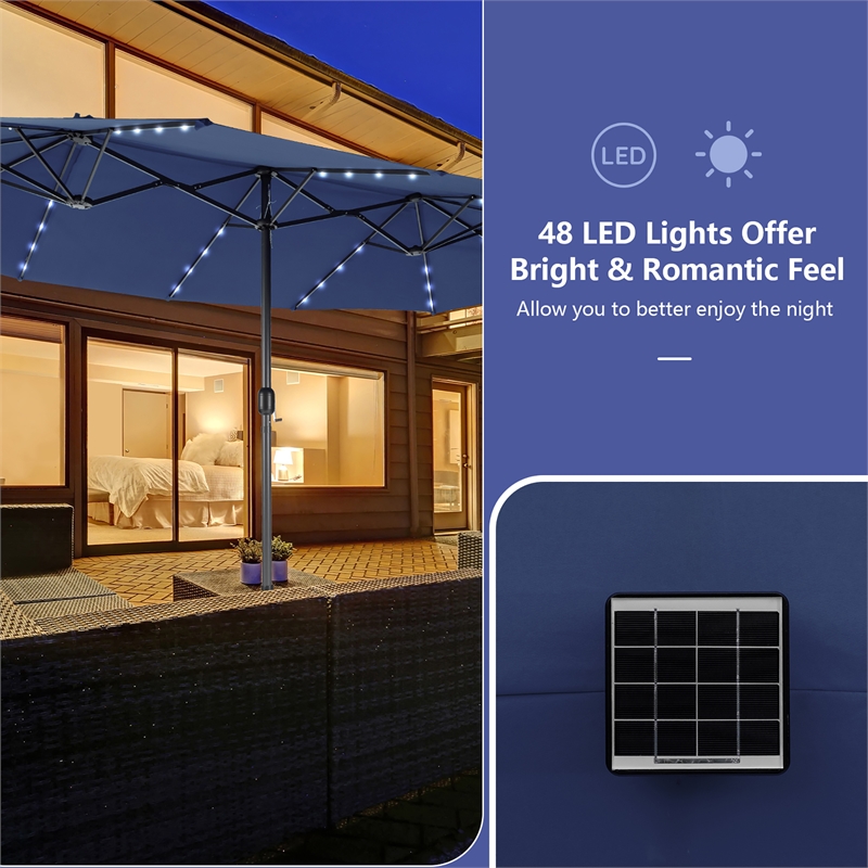 15FT Twin Patio Double-Sided Umbrella 48 Solar LED Lights  Navy