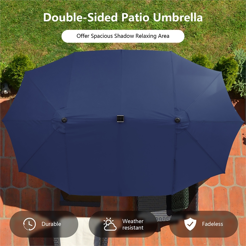 15FT Twin Patio Double-Sided Umbrella 48 Solar LED Lights  Navy