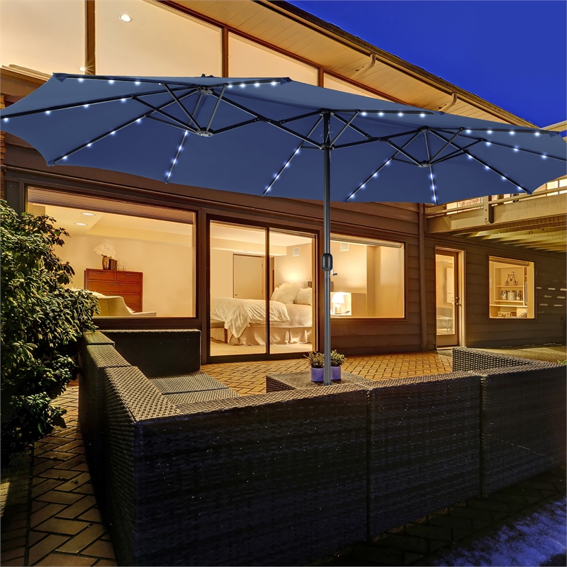 15FT Twin Patio Double-Sided Umbrella 48 Solar LED Lights  Navy