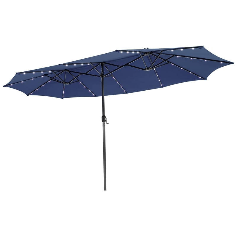 15FT Twin Patio Double-Sided Umbrella 48 Solar LED Lights  Navy