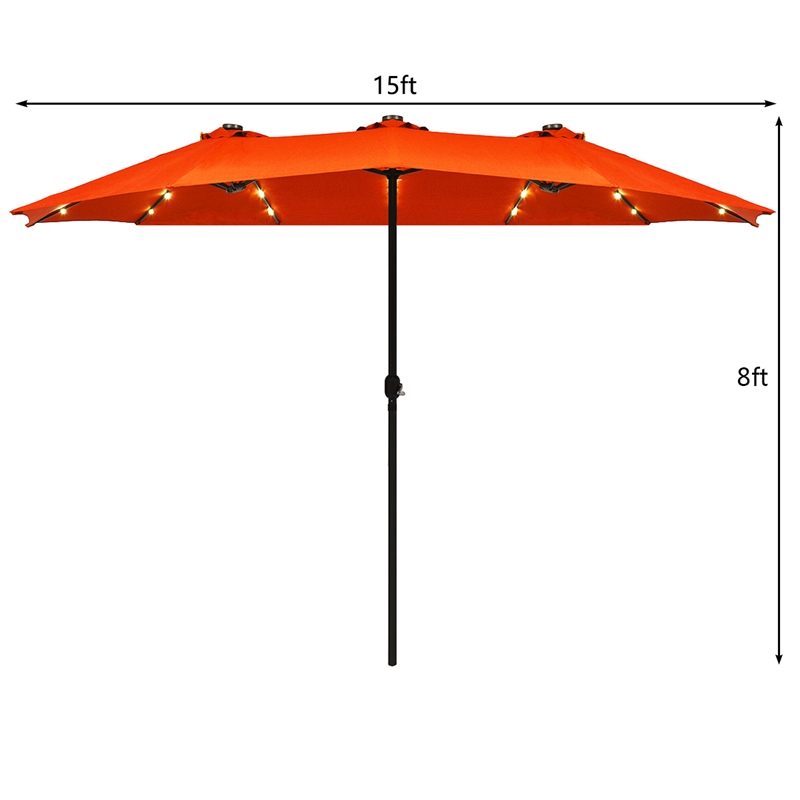 15FT Twin Patio Double-Sided Umbrella 48 Solar LED Lights  Orange
