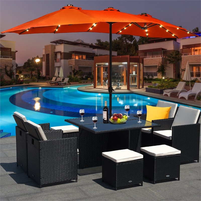 15FT Twin Patio Double-Sided Umbrella 48 Solar LED Lights  Orange