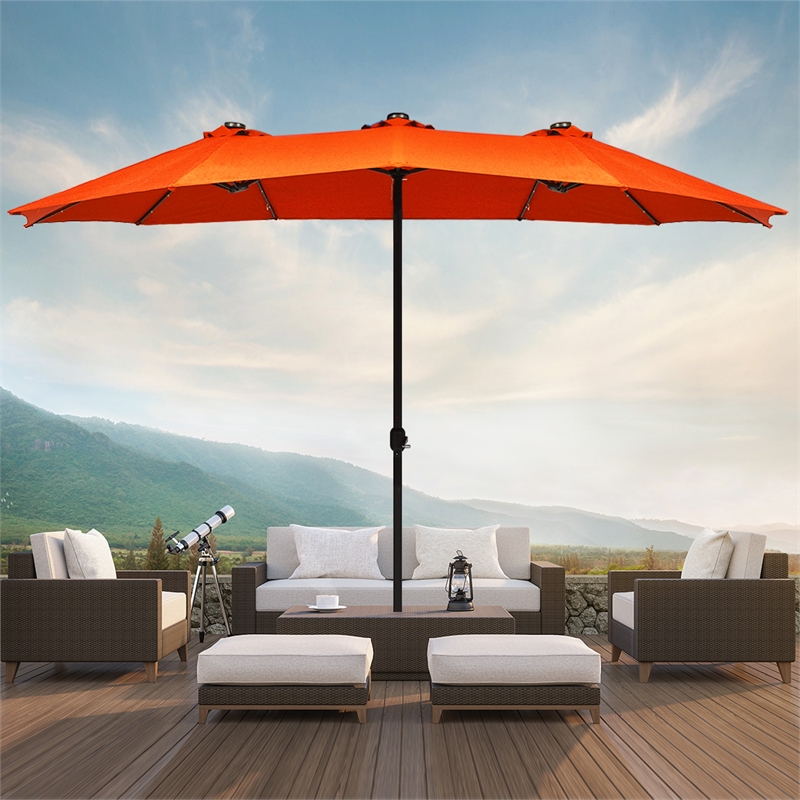 15FT Twin Patio Double-Sided Umbrella 48 Solar LED Lights  Orange