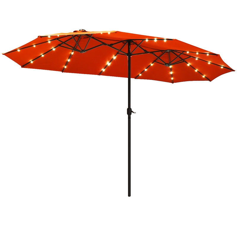 15FT Twin Patio Double-Sided Umbrella 48 Solar LED Lights  Orange