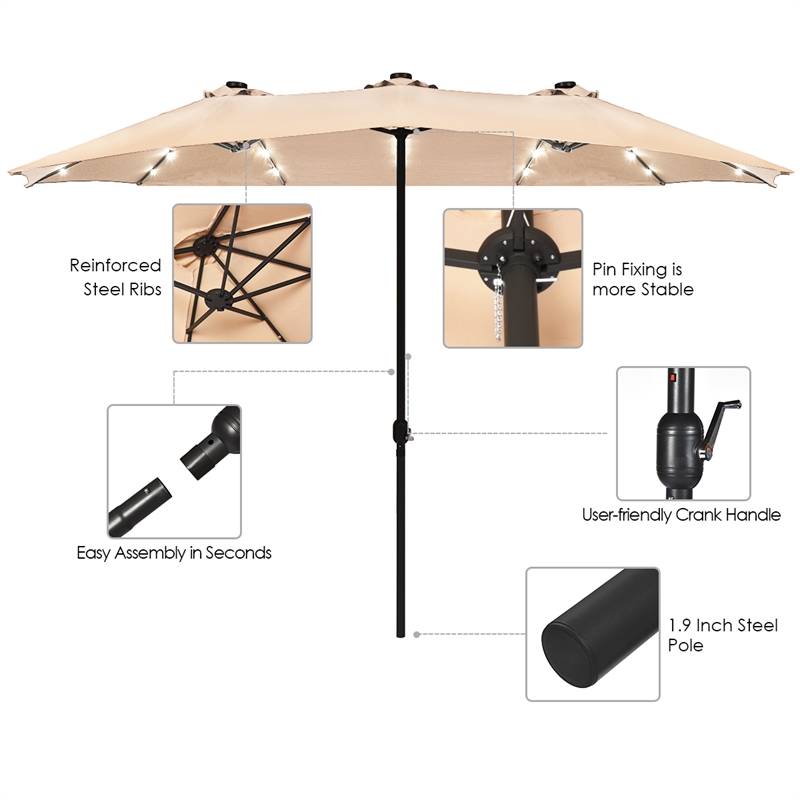 15FT Twin Patio Double-Sided Umbrella 48 Solar LED Lights  Beige