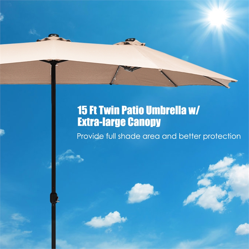 15FT Twin Patio Double-Sided Umbrella 48 Solar LED Lights  Beige