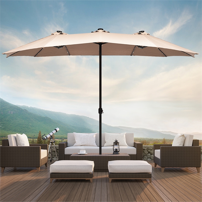 15FT Twin Patio Double-Sided Umbrella 48 Solar LED Lights  Beige