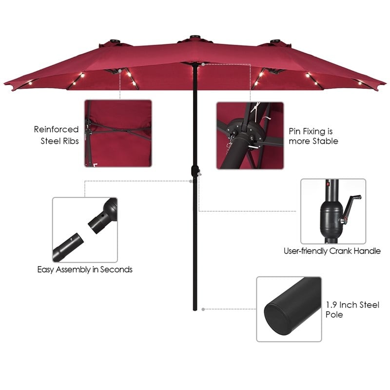 15FT Twin Patio Double-Sided Umbrella 48 Solar LED Lights  Wine