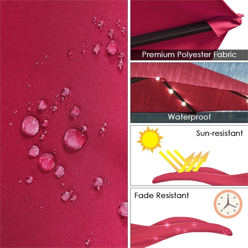 15FT Twin Patio Double-Sided Umbrella 48 Solar LED Lights  Wine