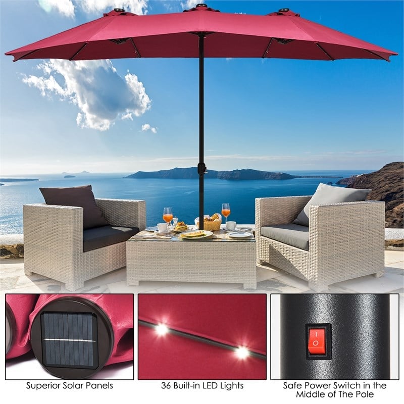 15FT Twin Patio Double-Sided Umbrella 48 Solar LED Lights  Wine