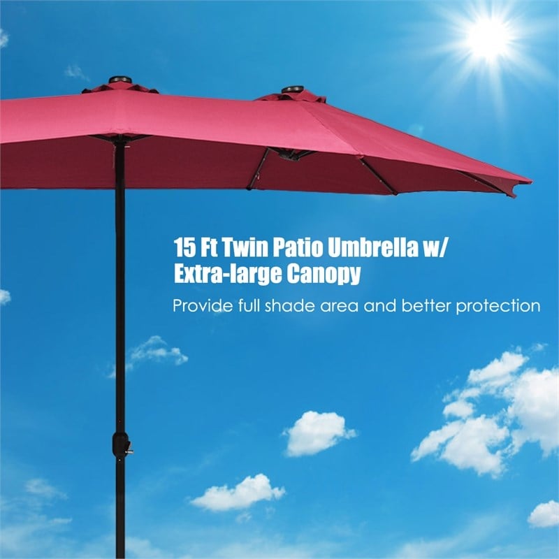 15FT Twin Patio Double-Sided Umbrella 48 Solar LED Lights  Wine