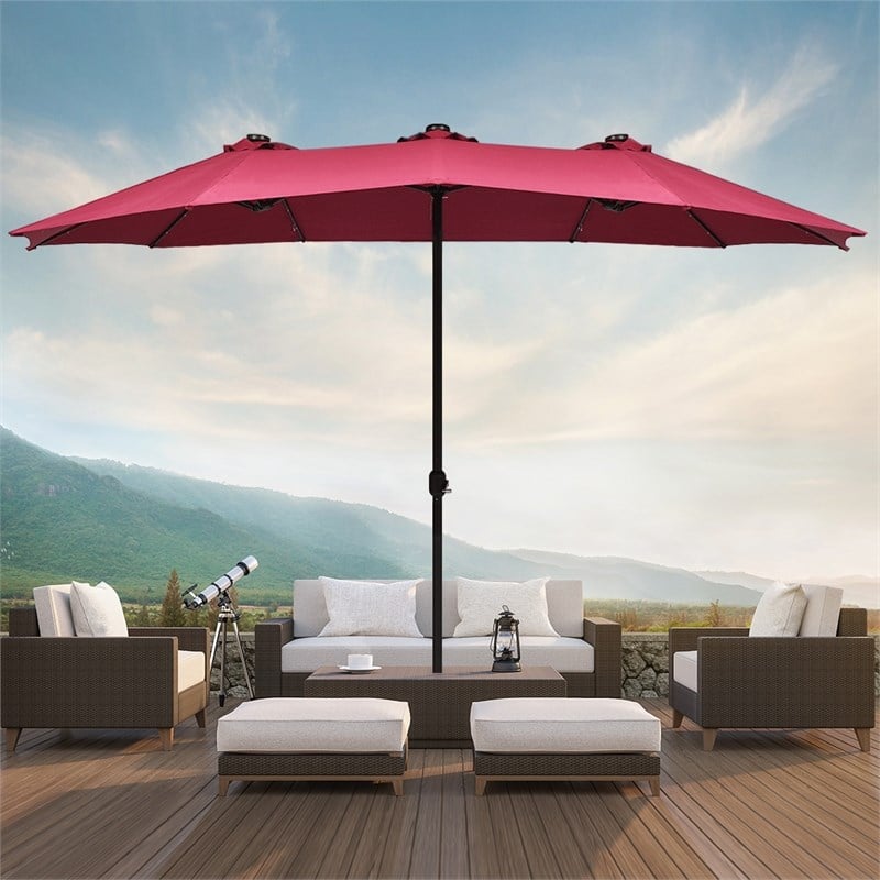 15FT Twin Patio Double-Sided Umbrella 48 Solar LED Lights  Wine