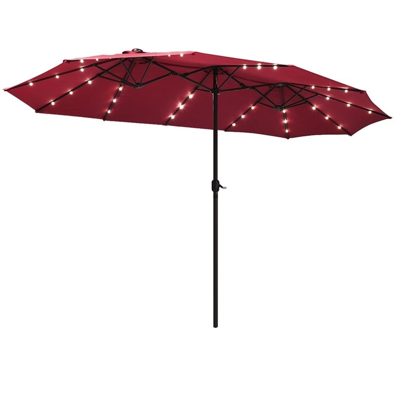 15FT Twin Patio Double-Sided Umbrella 48 Solar LED Lights  Wine