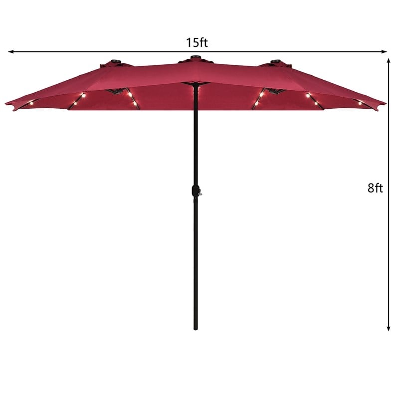 15FT Twin Patio Double-Sided Umbrella 48 Solar LED Lights  Wine