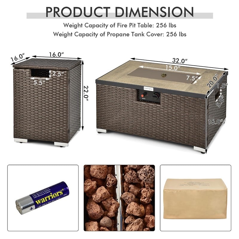 32''x 20'' Propane Rattan Fire Pit Table Set w/ Side Table Tank Brown