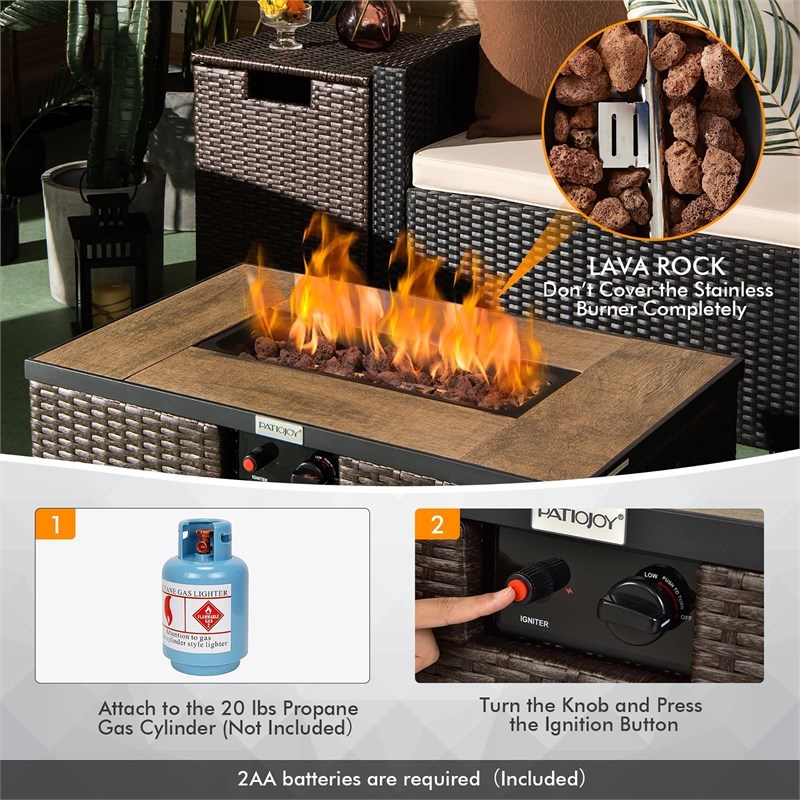 32''x 20'' Propane Rattan Fire Pit Table Set w/ Side Table Tank Brown