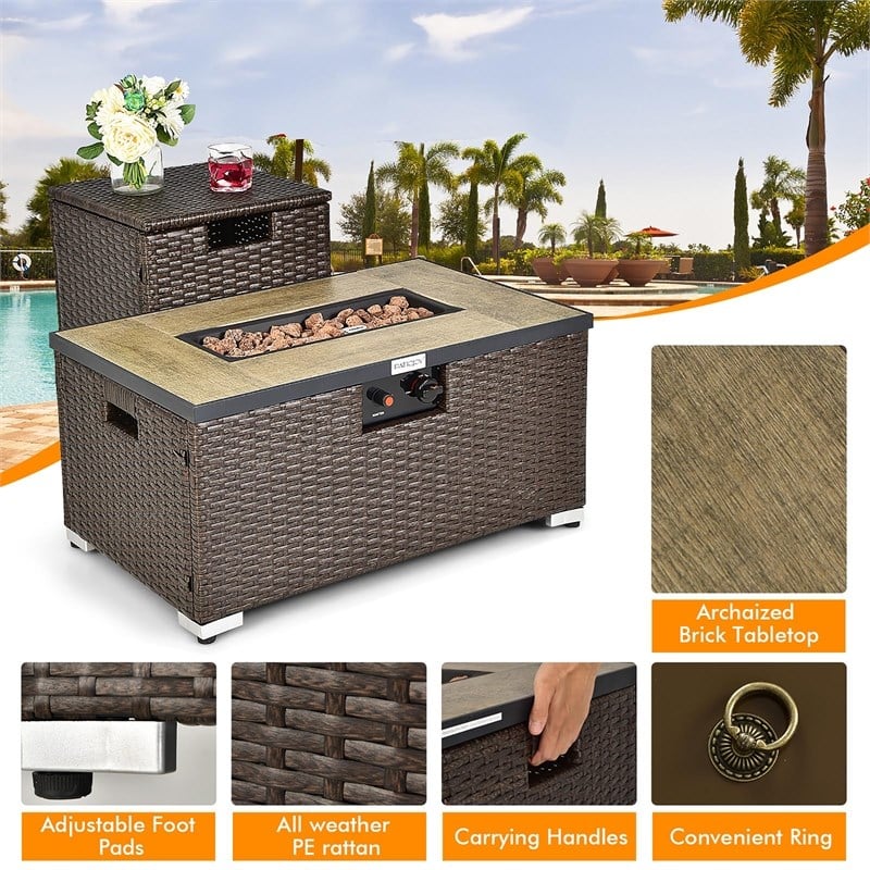 32''x 20'' Propane Rattan Fire Pit Table Set w/ Side Table Tank Brown