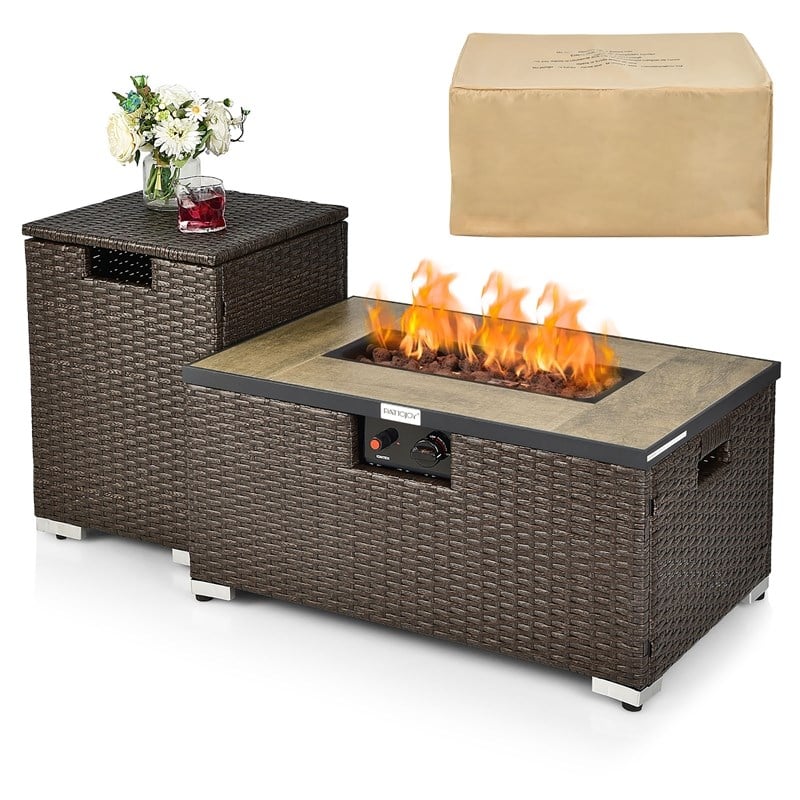32''x 20'' Propane Rattan Fire Pit Table Set w/ Side Table Tank Brown