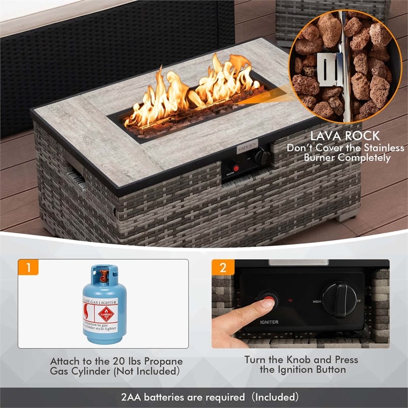 32''x 20'' Propane Rattan Fire Pit Table Set w/ Side Table Tank Gray