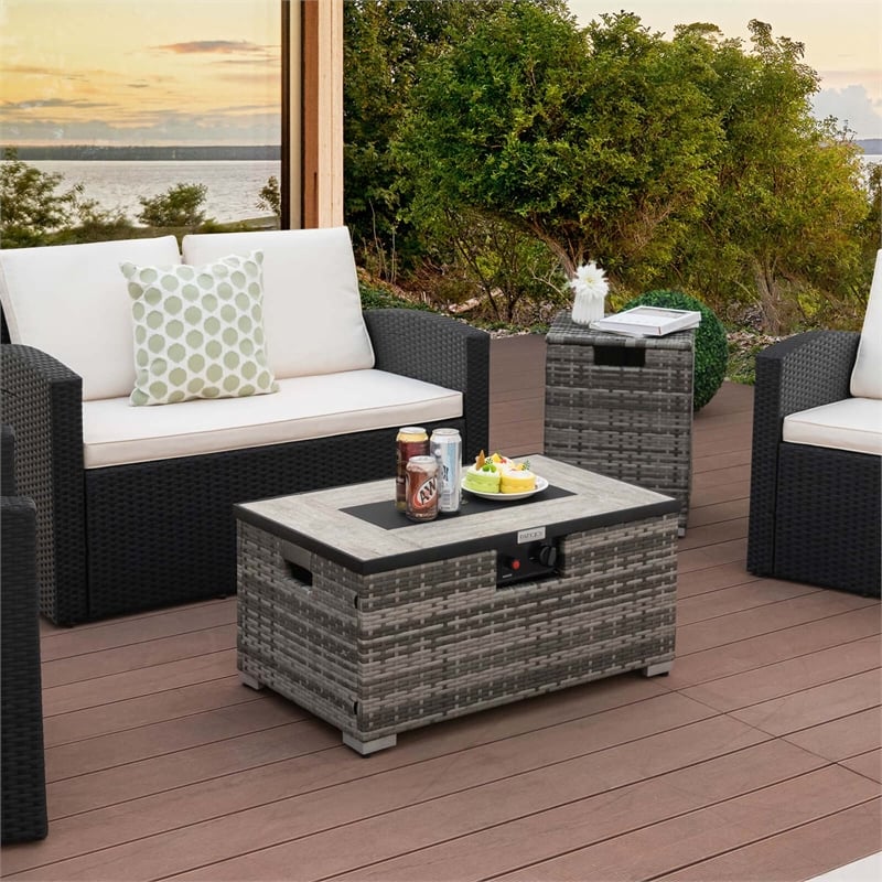 32''x 20'' Propane Rattan Fire Pit Table Set w/ Side Table Tank Gray