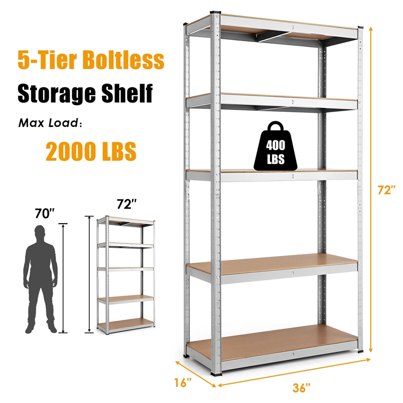 Adjustable 36''x72'' Heavy Duty 5 Level Garage Tool Shelf Silver
