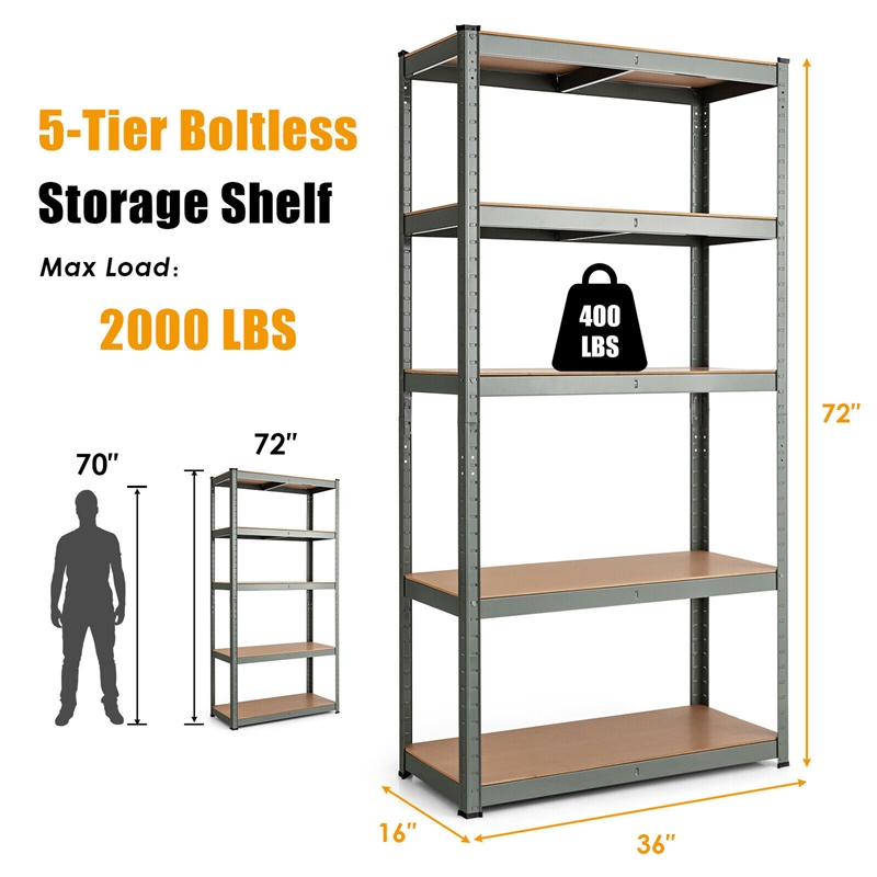 Adjustable 36''x72'' Heavy Duty 5 Level Garage Tool Shelf Gray