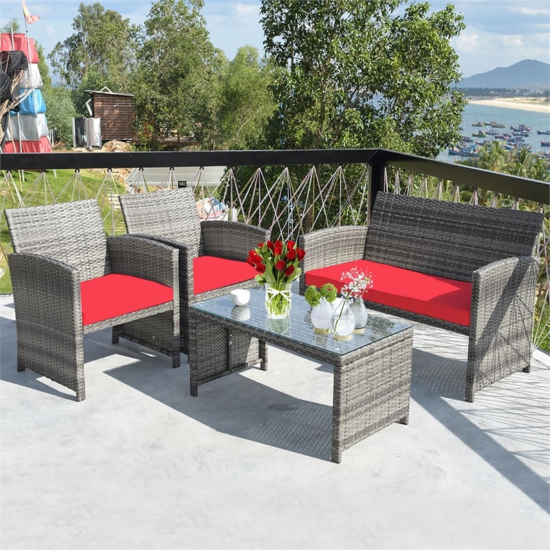 4PCS Patio Rattan Furniture Set Conversation Sofa Cushioned Red