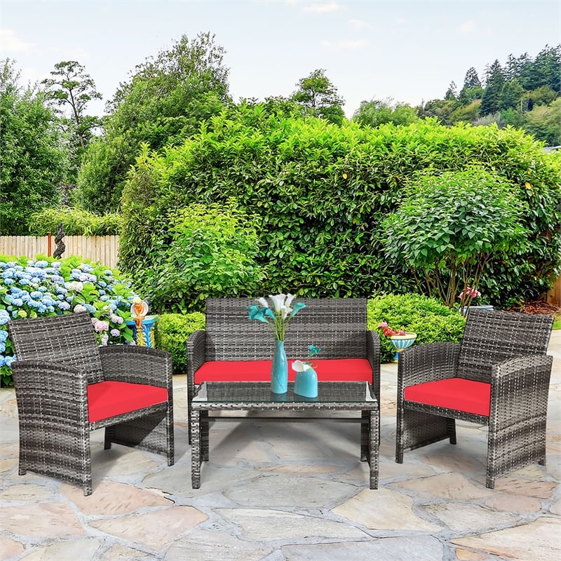 4PCS Patio Rattan Furniture Set Conversation Sofa Cushioned Red