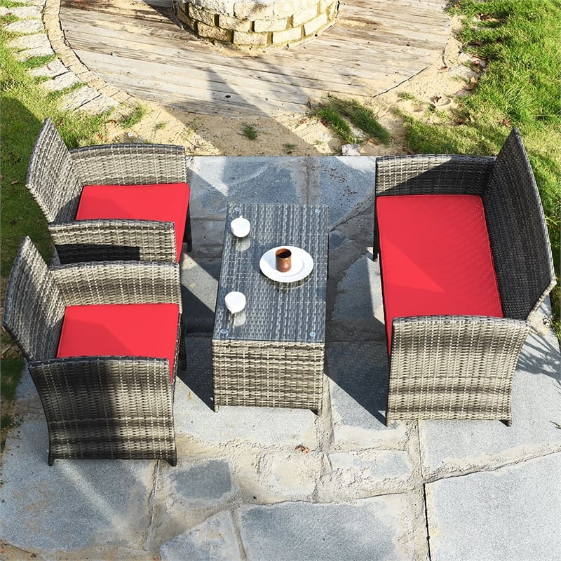 4PCS Patio Rattan Furniture Set Conversation Sofa Cushioned Red