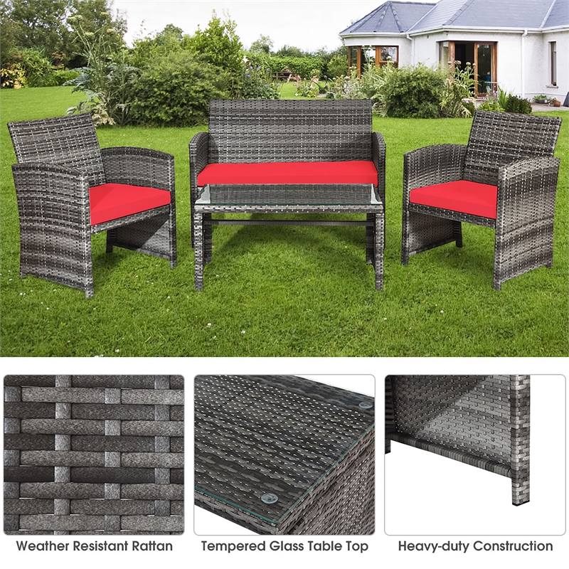 4PCS Patio Rattan Furniture Set Conversation Sofa Cushioned Red