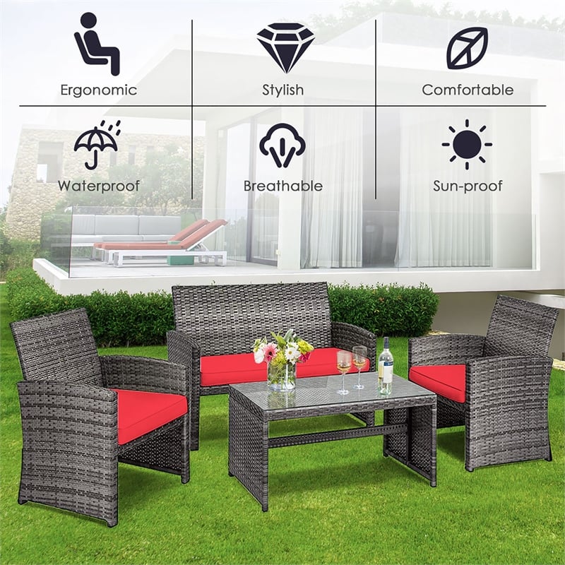 4PCS Patio Rattan Furniture Set Conversation Sofa Cushioned Red