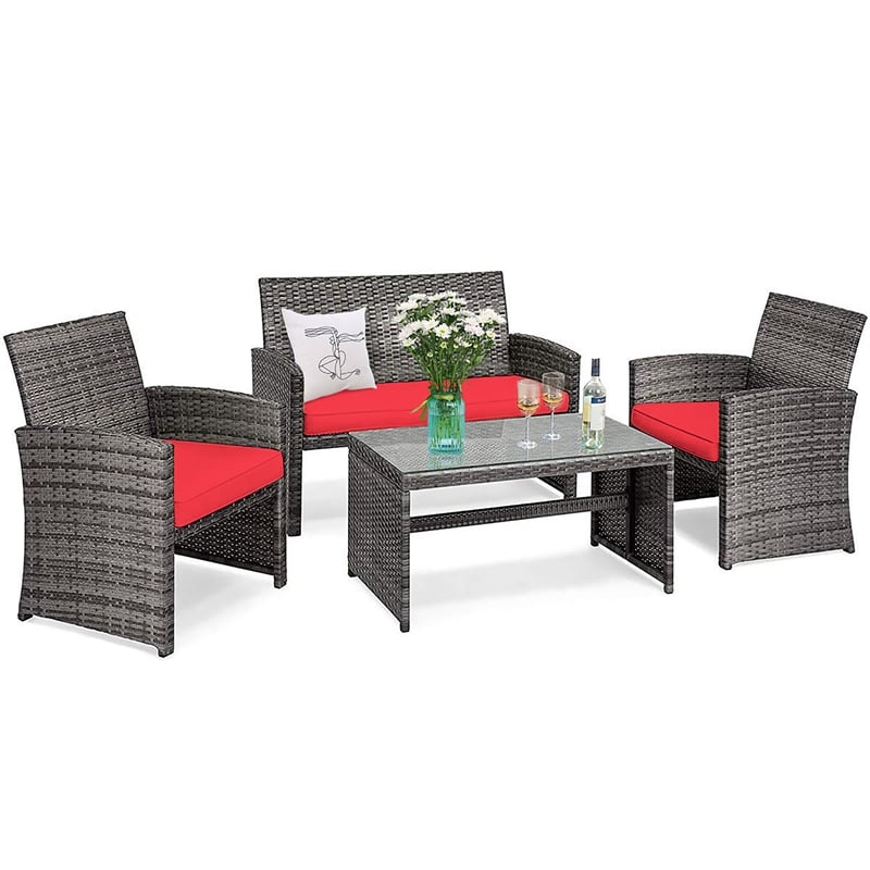 4PCS Patio Rattan Furniture Set Conversation Sofa Cushioned Red