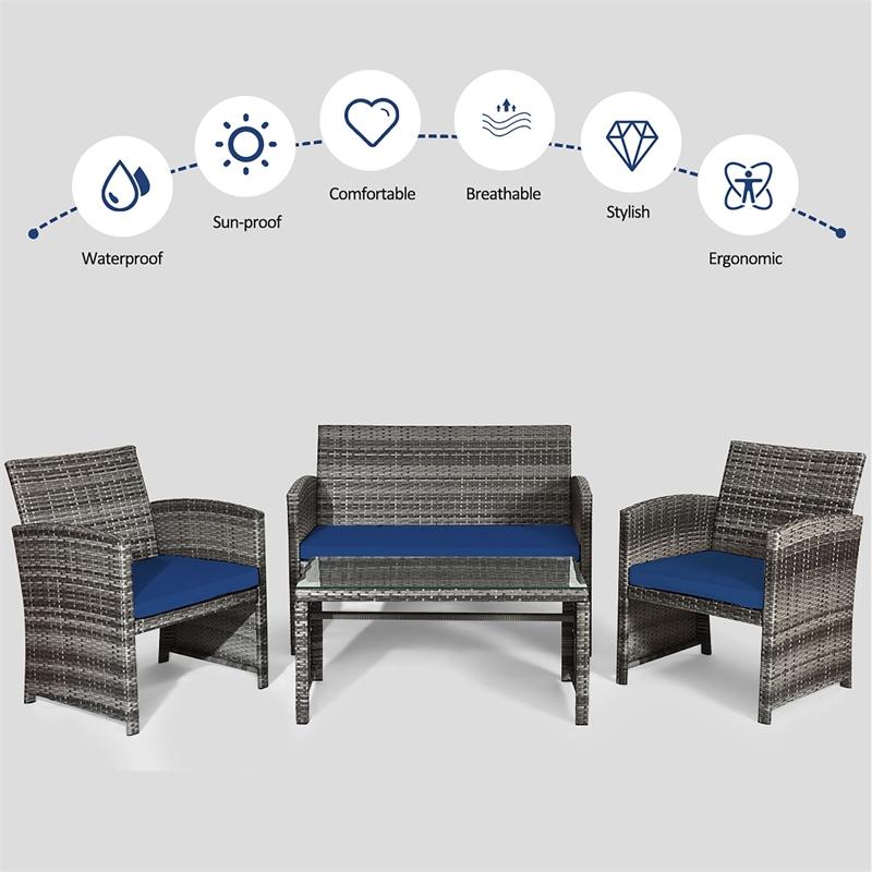 4PCS Patio Rattan Furniture Set Conversation Sofa Cushioned Navy