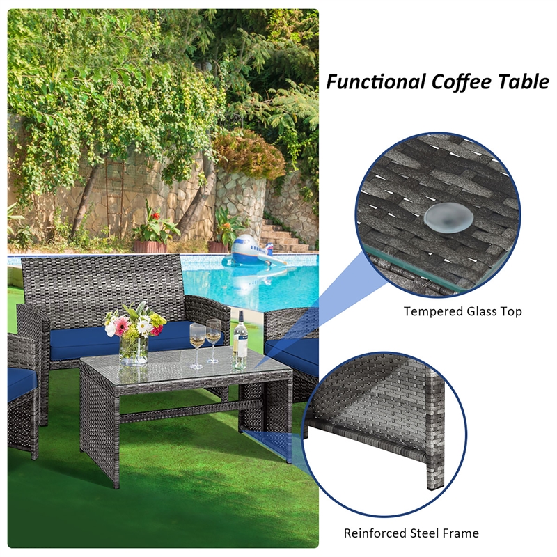 4PCS Patio Rattan Furniture Set Conversation Sofa Cushioned Navy