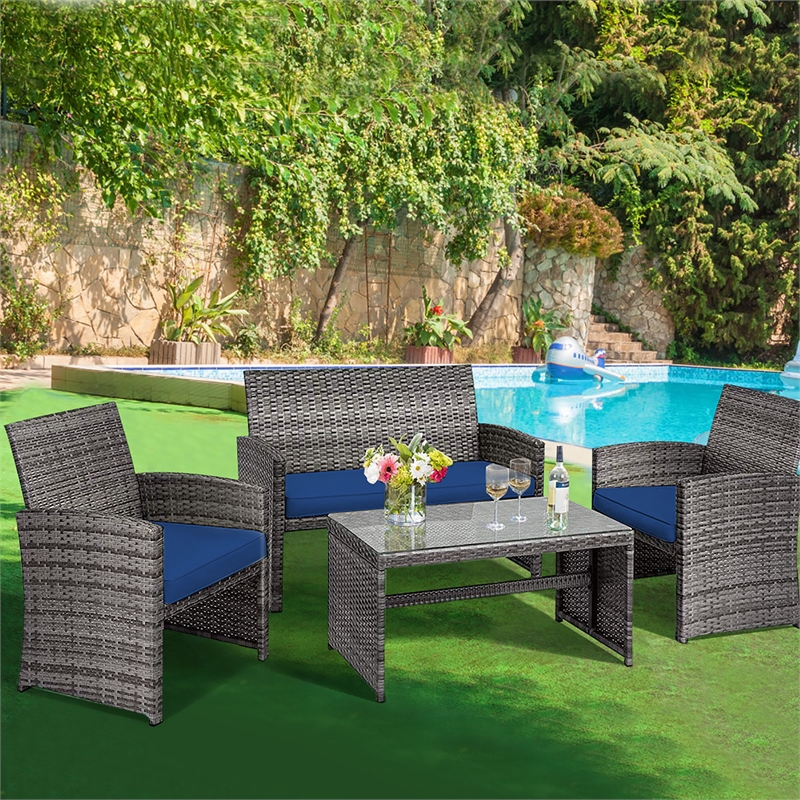 4PCS Patio Rattan Furniture Set Conversation Sofa Cushioned Navy