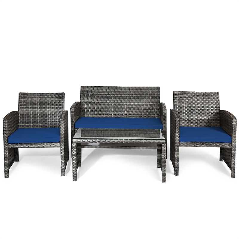 4PCS Patio Rattan Furniture Set Conversation Sofa Cushioned Navy