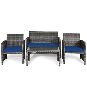 4PCS Patio Rattan Furniture Set Conversation Sofa Cushioned Navy