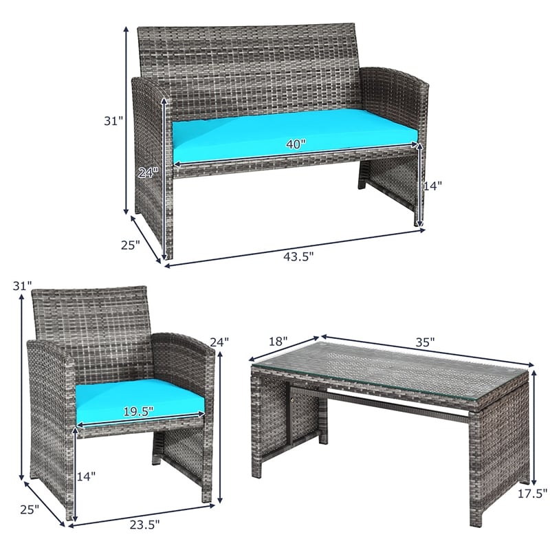 4PCS Patio Rattan Furniture Set Conversation Sofa Cushioned Turquoise