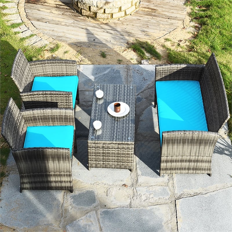 4PCS Patio Rattan Furniture Set Conversation Sofa Cushioned Turquoise