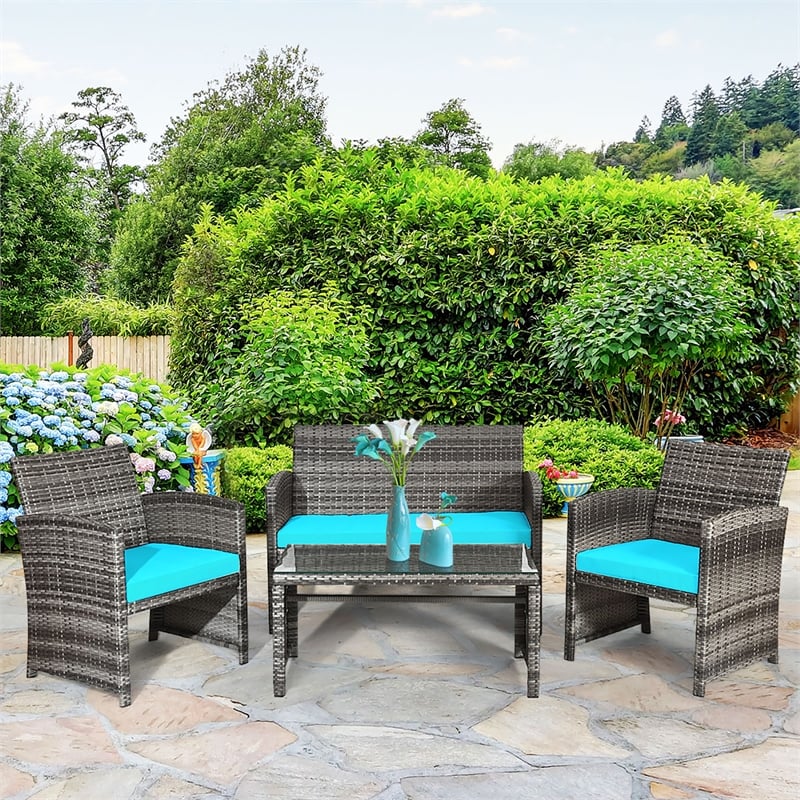 4PCS Patio Rattan Furniture Set Conversation Sofa Cushioned Turquoise