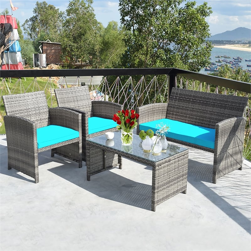 4PCS Patio Rattan Furniture Set Conversation Sofa Cushioned Turquoise