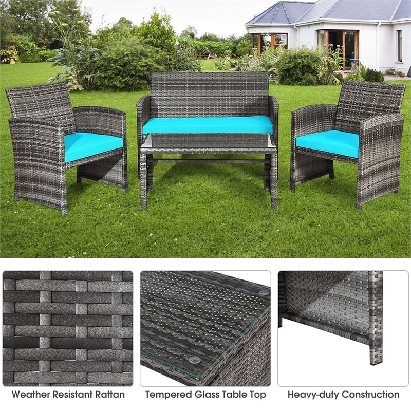 4PCS Patio Rattan Furniture Set Conversation Sofa Cushioned Turquoise
