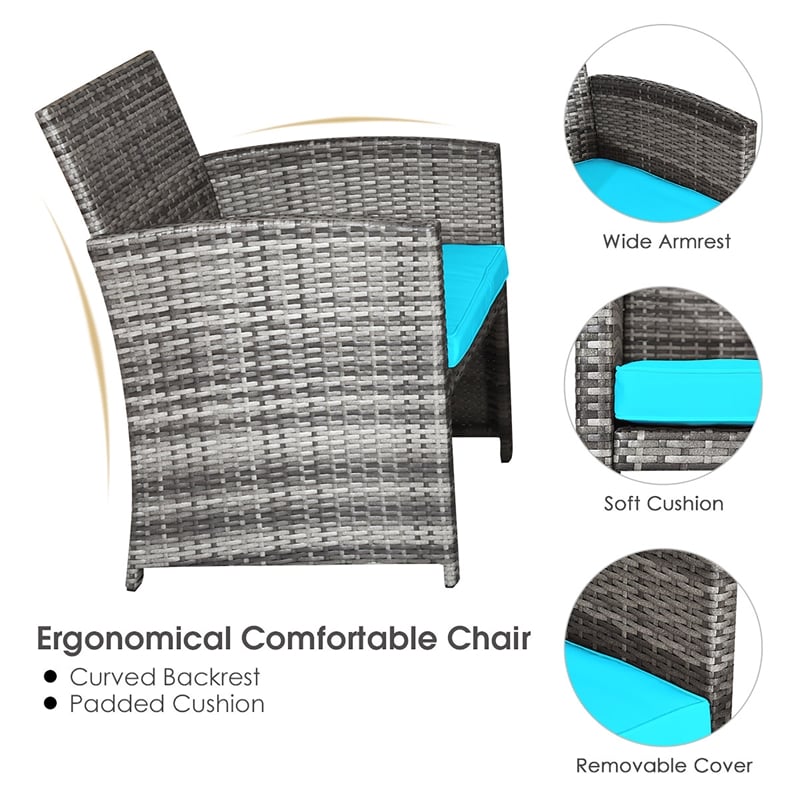4PCS Patio Rattan Furniture Set Conversation Sofa Cushioned Turquoise